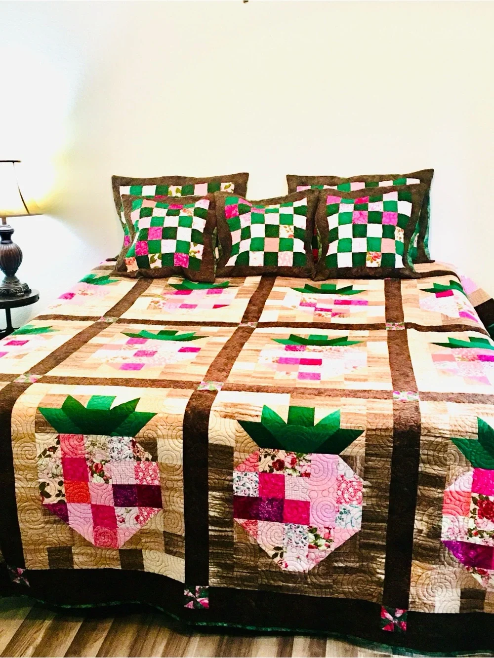 Handmade Pink Strawberry Quilt Set King Size